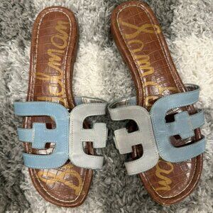 Sam Edelman Bay Slide Sandals Blue Grey Leather Double E Strap Flats Size 8